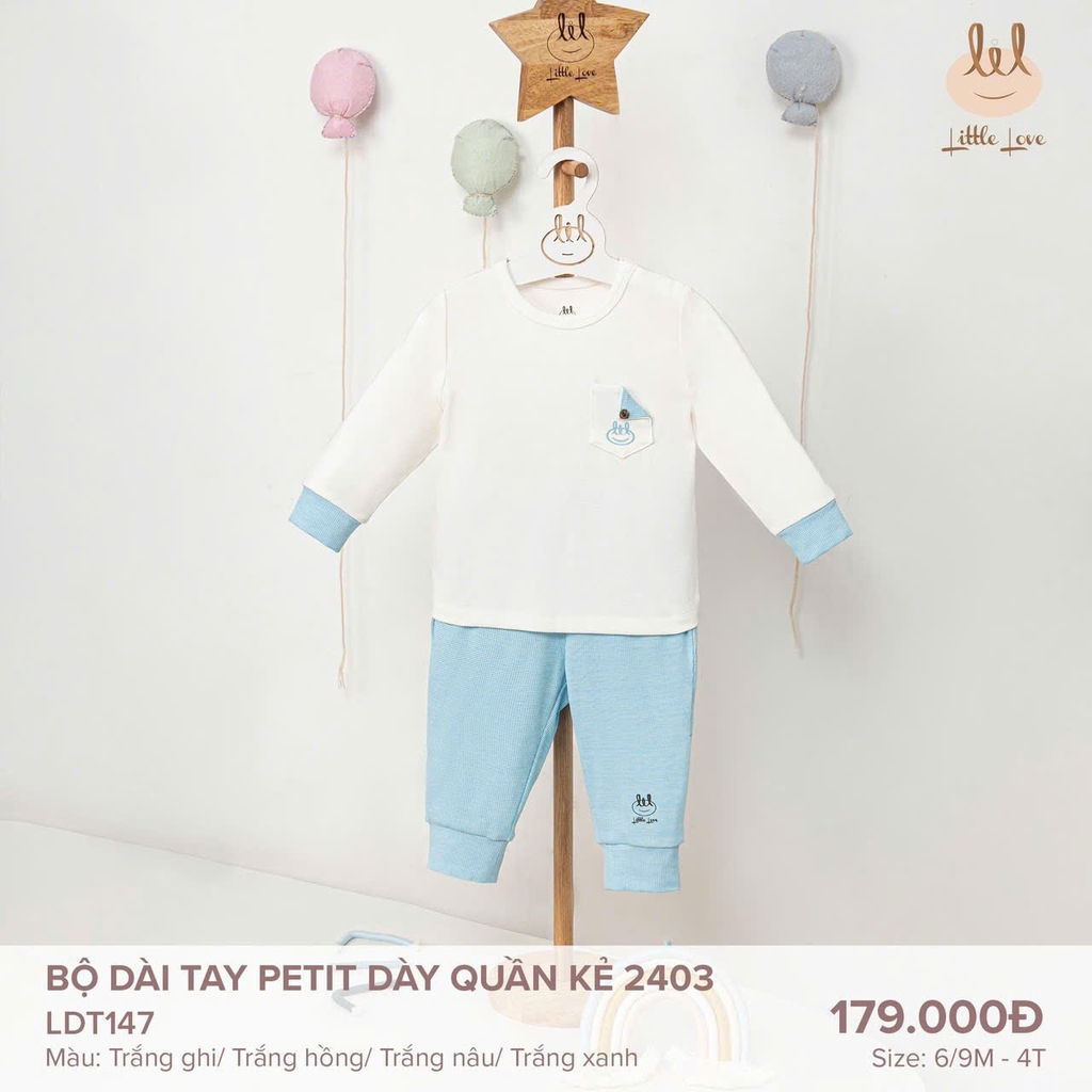 Bộ dài tay petit dày quần kẻ 2403 trắng-nâu - LDT147