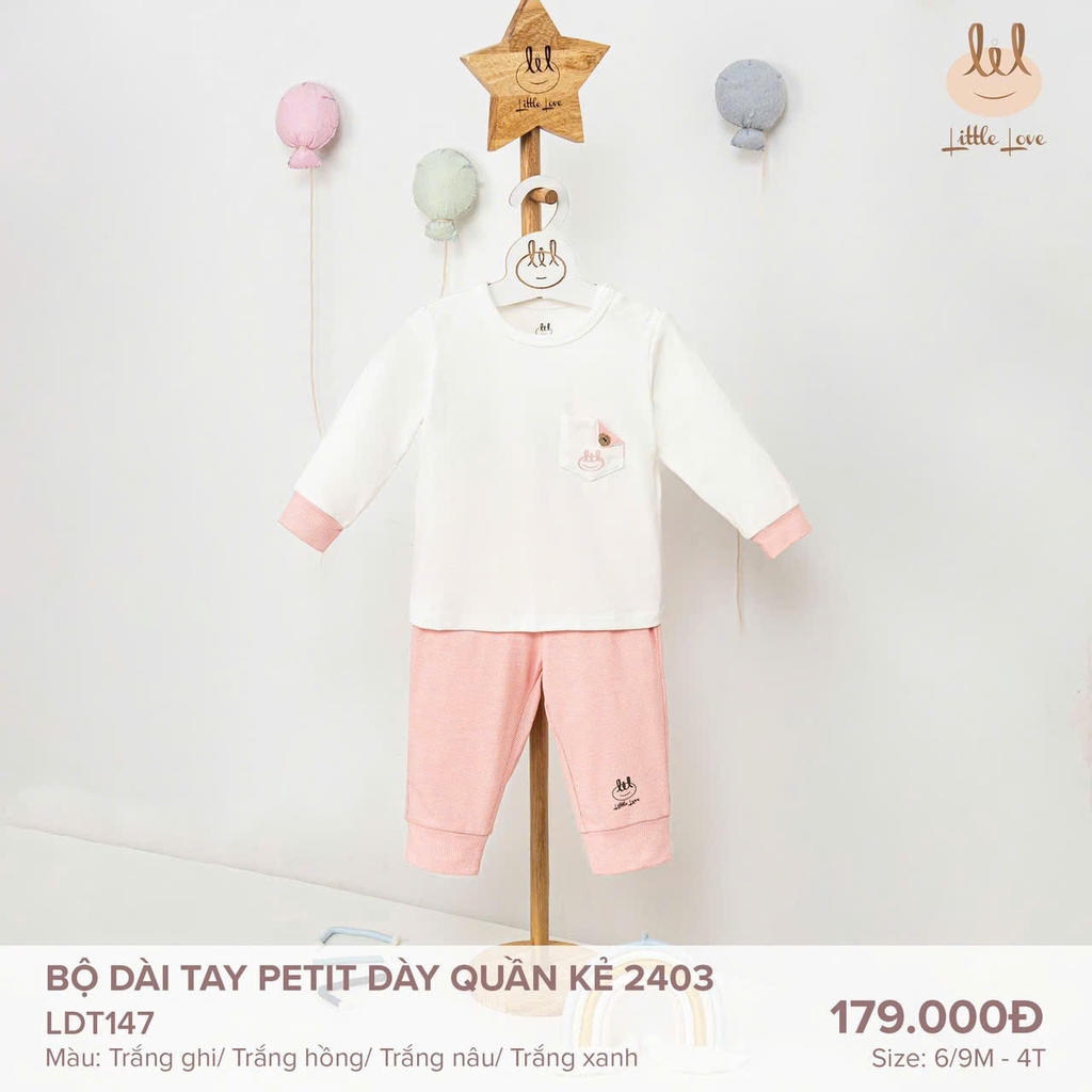 Bộ dài tay petit dày quần kẻ 2403 trắng-nâu - LDT147
