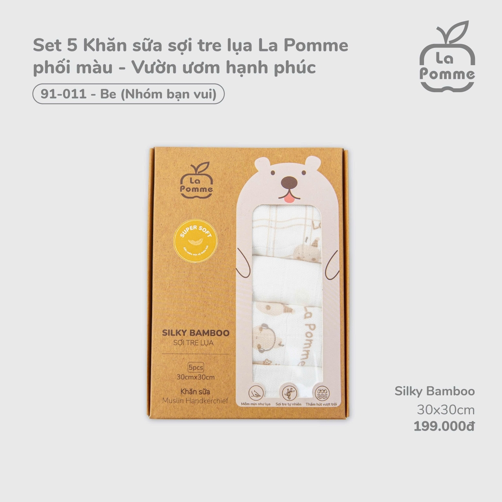 K001 Set 5 Khăn sữa sợi tre lụa La Pomme phối màu - (30x30cm)