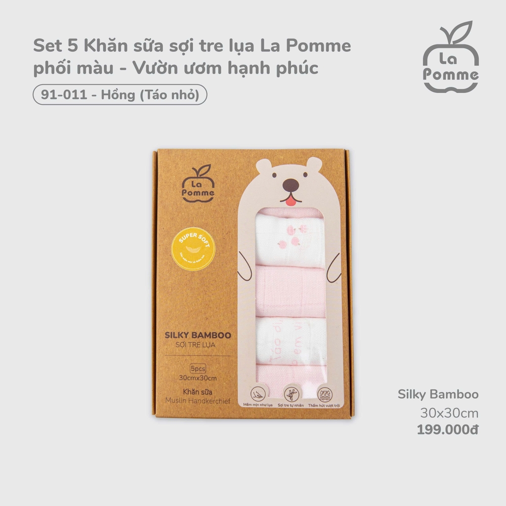 K001 Set 5 Khăn sữa sợi tre lụa La Pomme phối màu - (30x30cm)