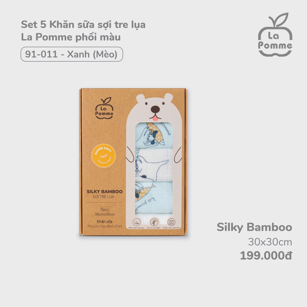 K001 Set 5 Khăn sữa sợi tre lụa La Pomme phối màu (30x30cm)