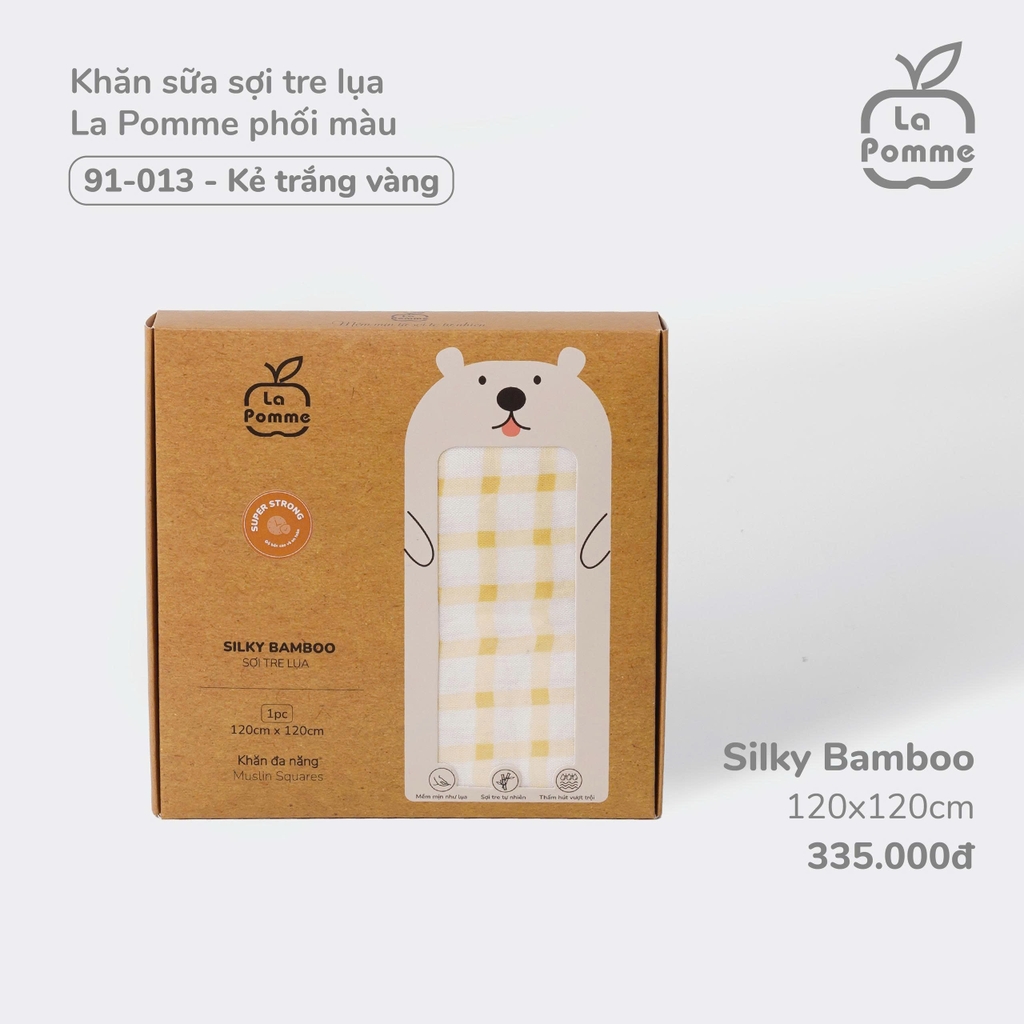 K003 Khăn sữa sợi tre lụa La Pomme phối màu (120x120cm) - Kẻ trắng vàng