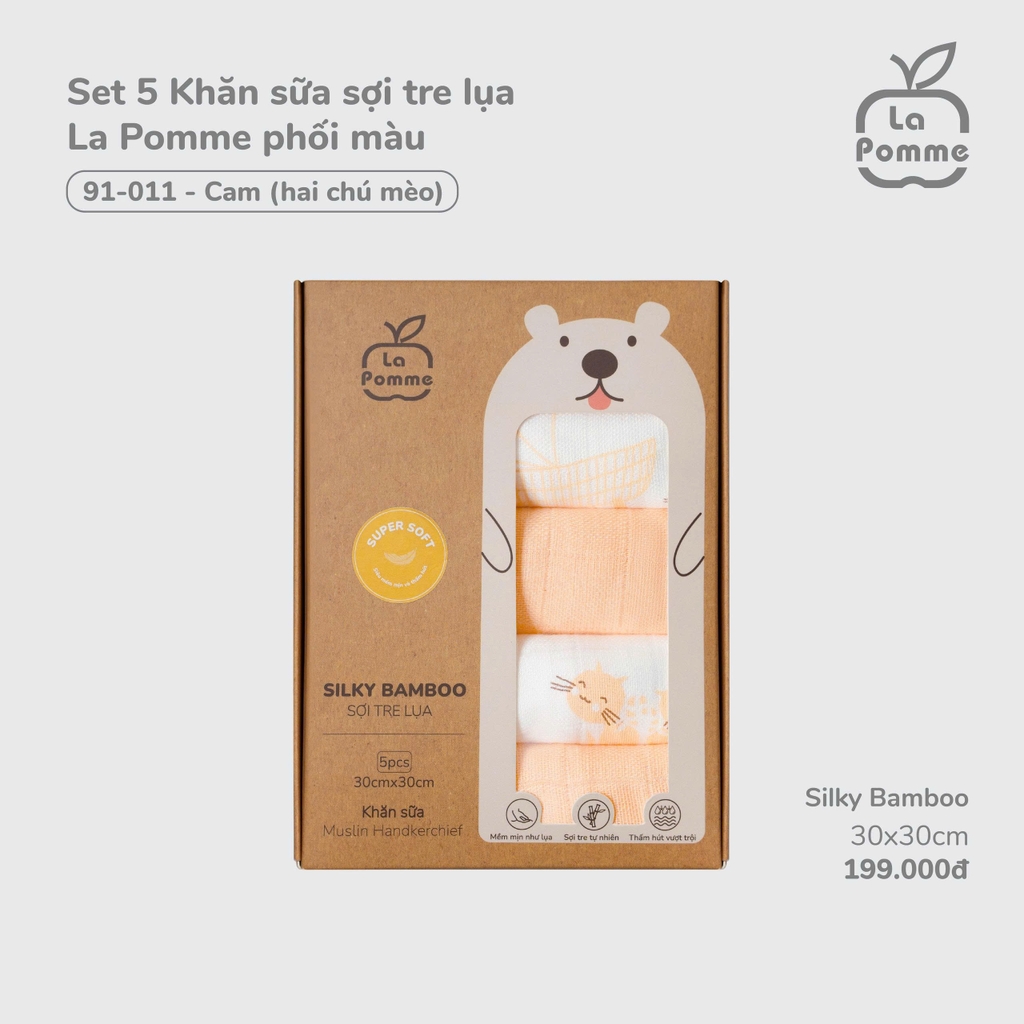 K001 Set 5 Khăn sữa sợi tre lụa La Pomme phối màu (30x30cm)