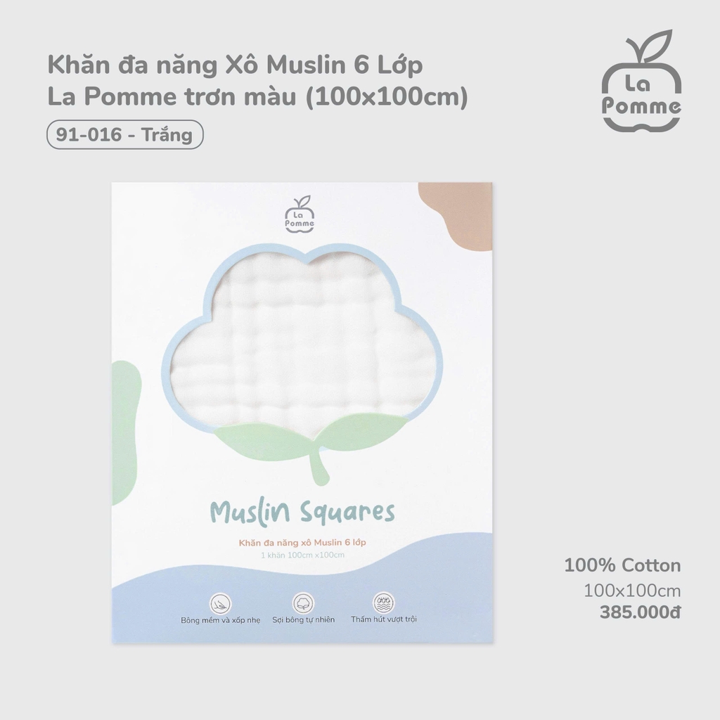 Khăn đa năng Xô Muslin 6 Lớp La Pomme trơn màu (100x100cm)