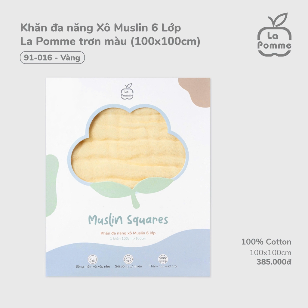 Khăn đa năng Xô Muslin 6 Lớp La Pomme trơn màu (100x100cm)