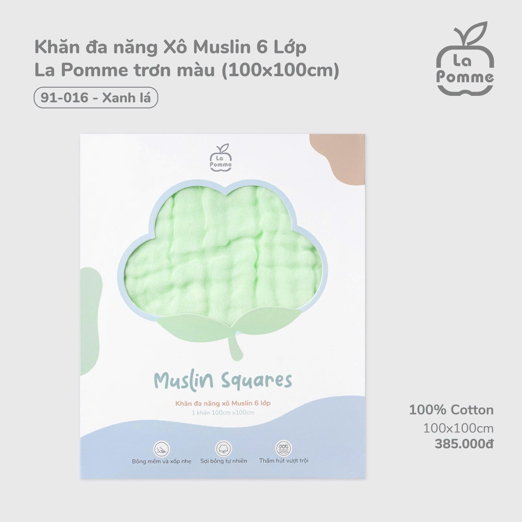 Khăn đa năng Xô Muslin 6 Lớp La Pomme trơn màu (100x100cm)