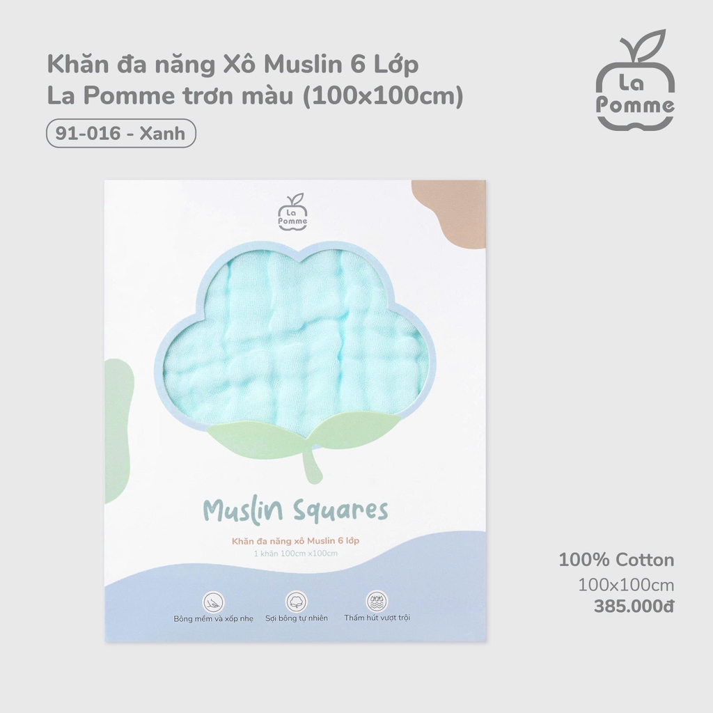 Khăn đa năng Xô Muslin 6 Lớp La Pomme trơn màu (100x100cm)