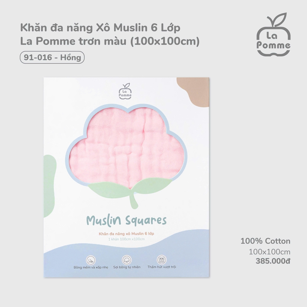 Khăn đa năng Xô Muslin 6 Lớp La Pomme trơn màu (100x100cm)