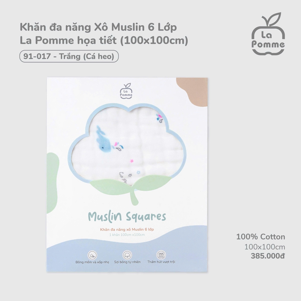 Khăn đa năng Xô Muslin 6 Lớp La Pomme họa tiết (100x100cm)