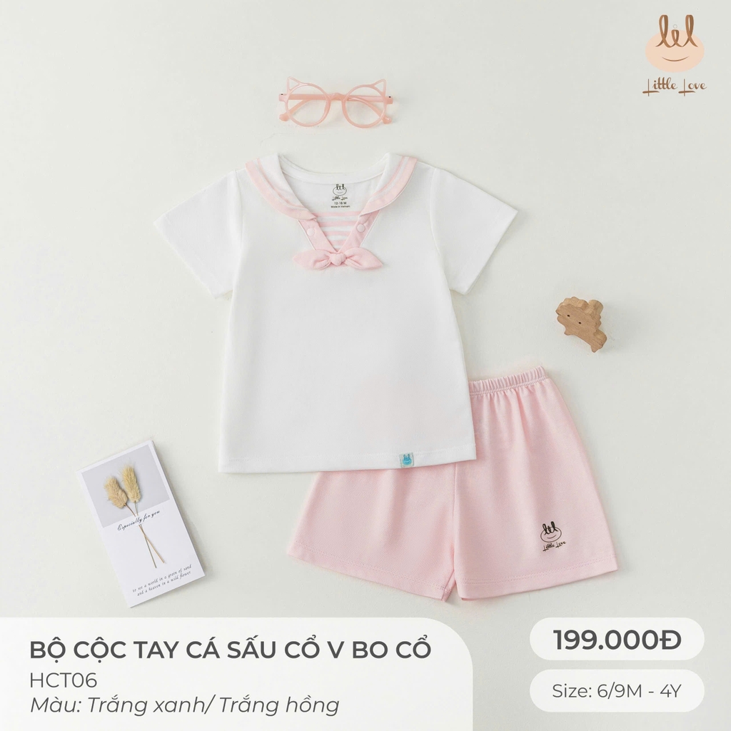 Bộ cộc tay cá sấu cổ v đính nơ HCT06