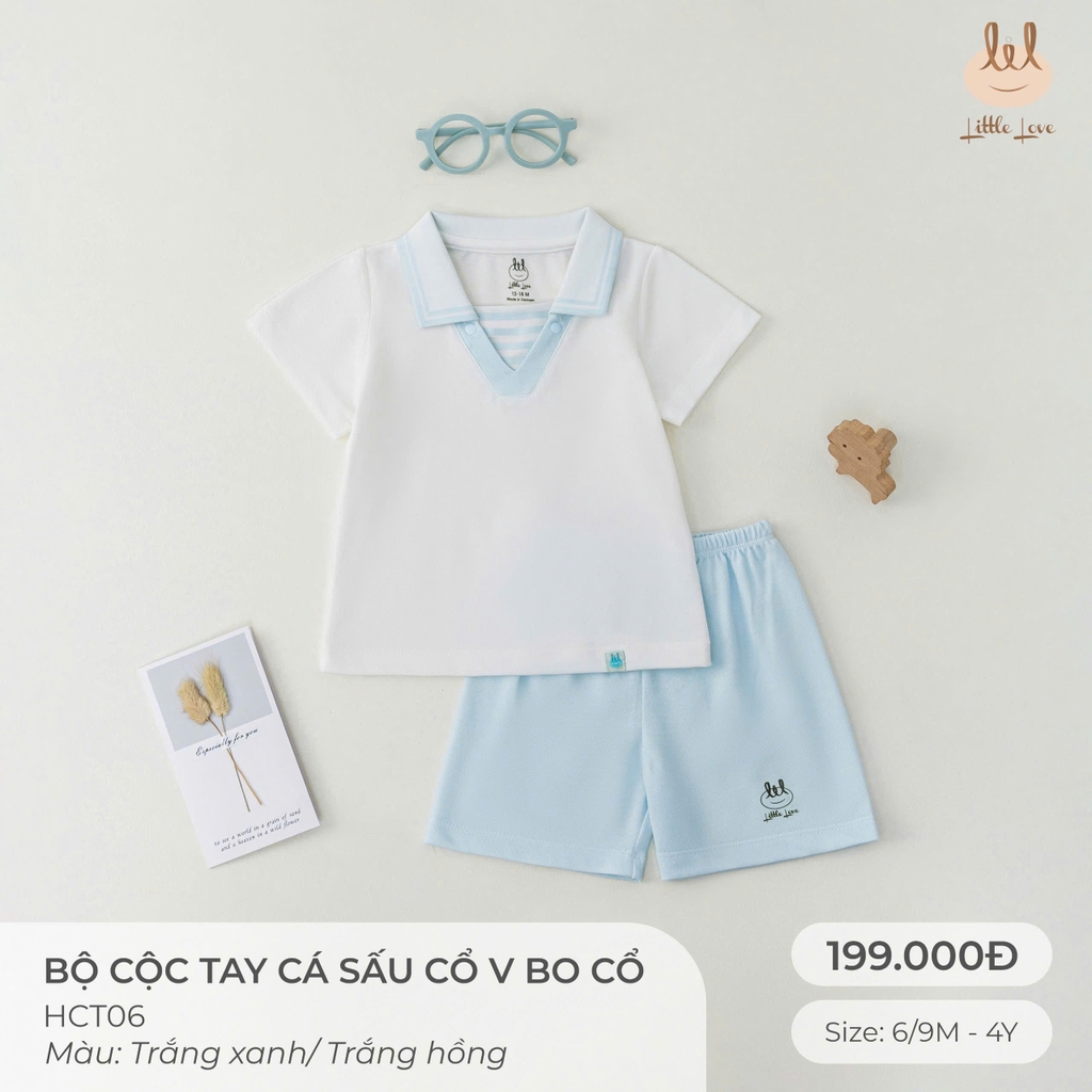 Bộ cộc tay cá sấu cổ v đính nơ HCT06