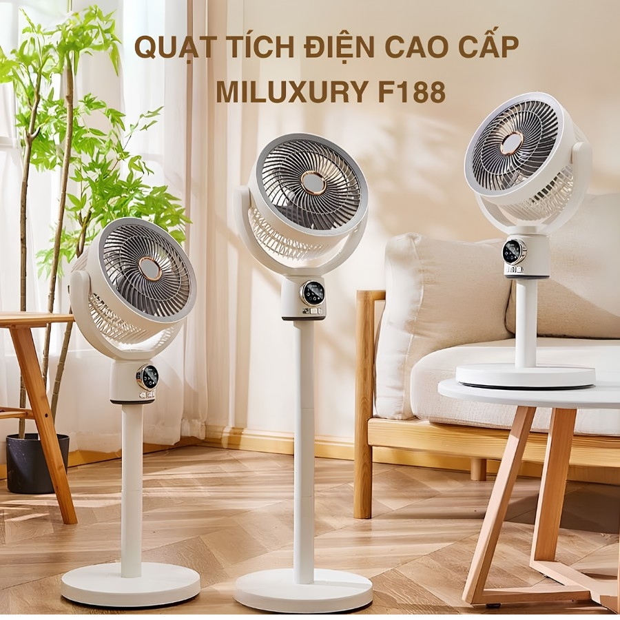 Quạt Tích Điện MILUXURY F188 Pin 8000mAh 5 Cấp Độ Gió, Đối Lưu 180° Tích Hợp Đèn Ngủ