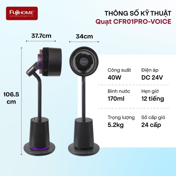 Quạt tuần hoàn không khí Fujihome LUXURY CFR01PRO-VOICE - Điều Khiển Giọng Nói, Gió Mạnh 3D, Làm Mát Toàn Phòng