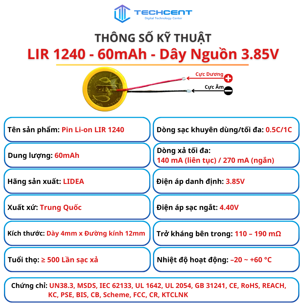 Pin Li-ion LIR 1240 3.85V 60mAh Có Dây