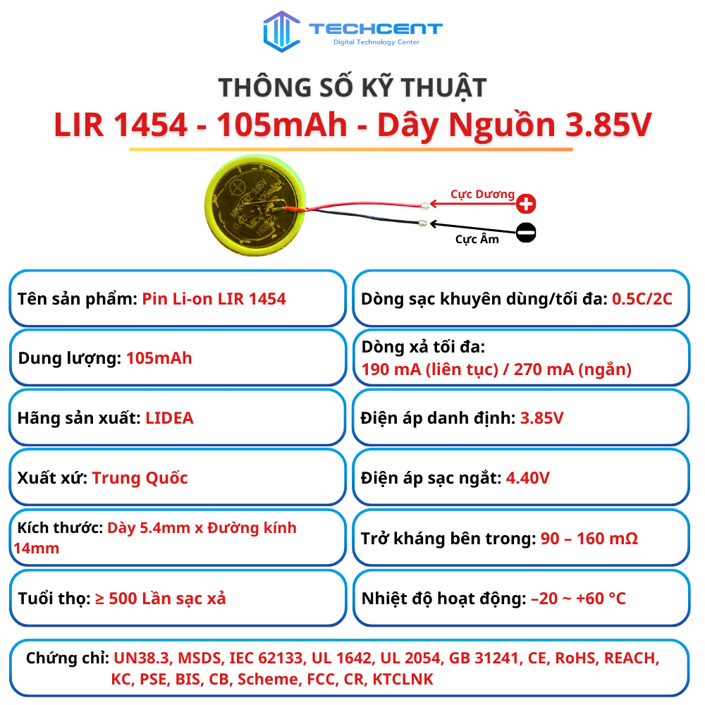 Pin Li-ion LIR 1454 3.85V 105mAh Có Dây