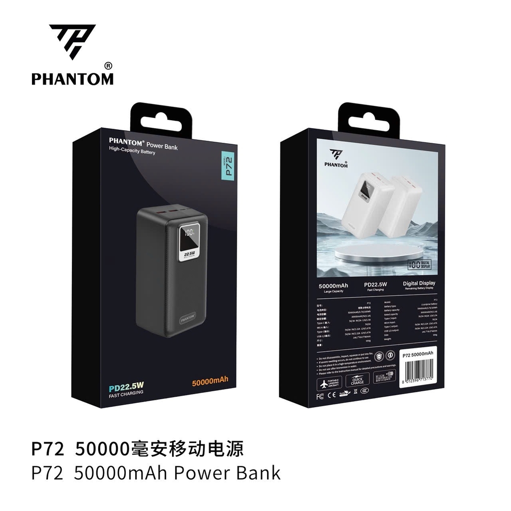 Pin sạc dự phòng Phantom P72 50000mAh PD 20W QC 22.5W – 4 Cổng Sạc Nhanh, Màn Hình LED