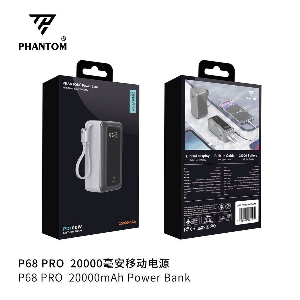 Sạc dự phòng 100W PHANTOM P68 Pro 20000mAh - Lõi Li-ion 21700, Cáp và cổng TypeC PD 100W & USB QC 3.0 22.5W