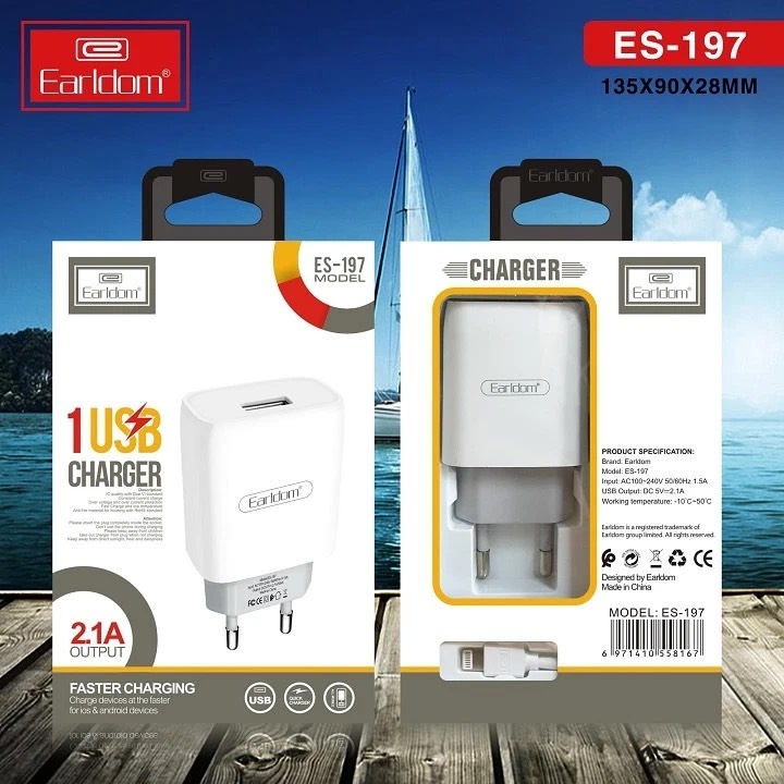 Bộ Sạc Earldom ES-197 Ra 2 cổng USB sạc nhanh 2.1A