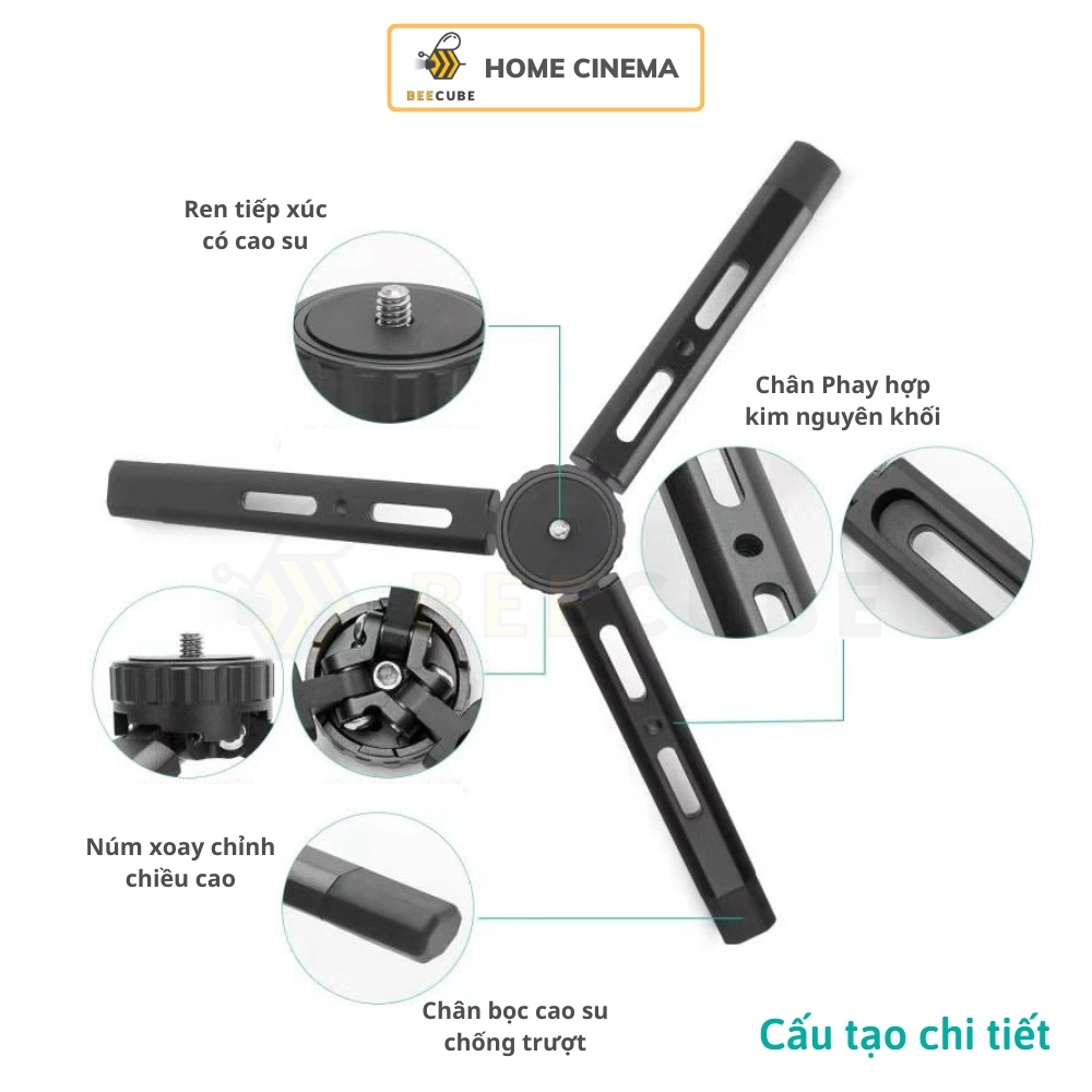 Tripod mini hợp kim nguyên khối CNC gấp gọn thông minh đầu chuyển 1/4 inch tải 5kg Webcam, Camera, DSLR, Máy chiếu