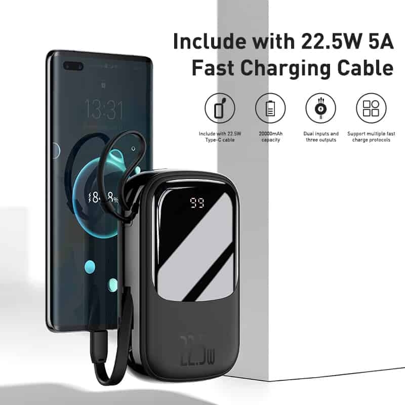 Pin dự phòng Baseus QPow Digital Display 20.000mAh tích hợp dây sạc Type C 22.5W