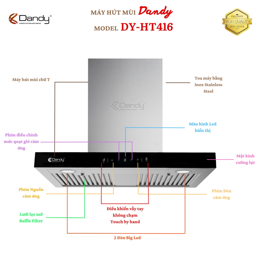 Máy hút mùi áp tường chữ T cảm ứng 70cm Dandy DY-HT416