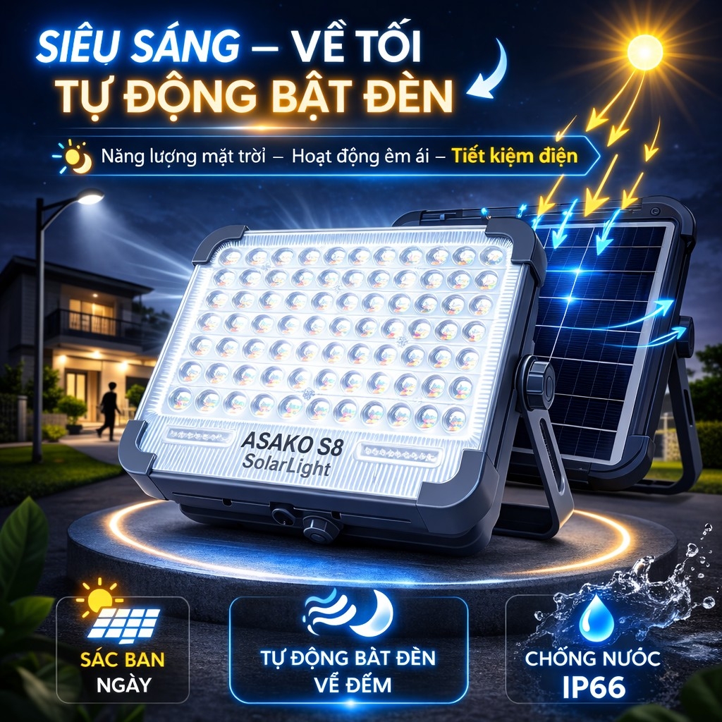 Đèn Năng Lượng Mặt Trời Asako KT01416 280 LED Pin 4500mAh Chống Nước IP66