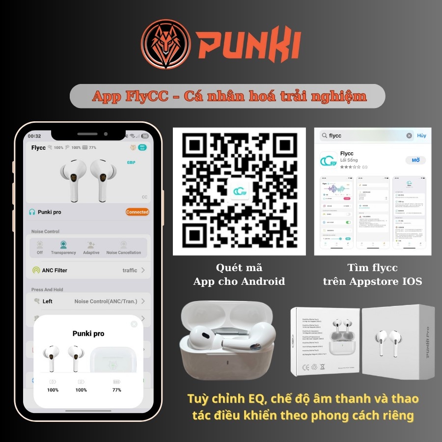 Tai Nghe Không Dây Punki Pro 2 Hổ Vằn 1563E ANC Chống Ồn Chủ Động