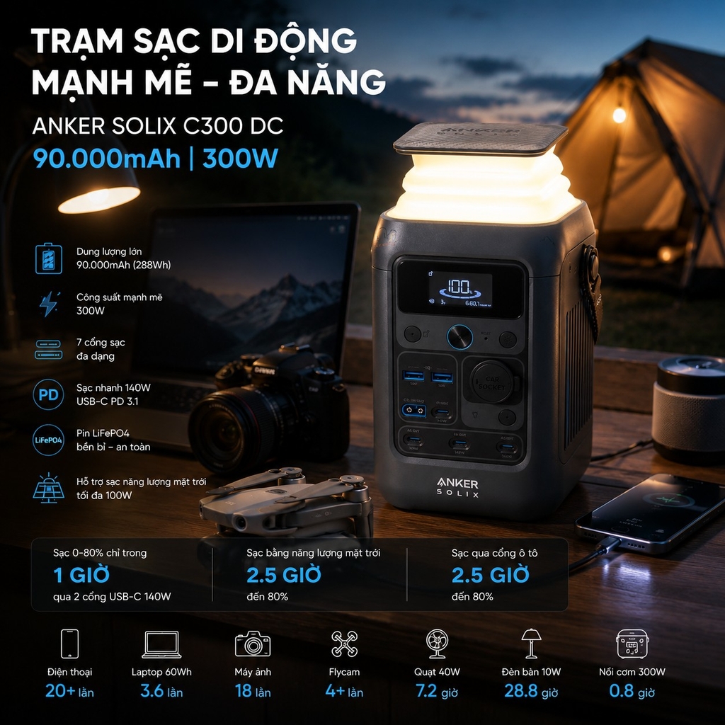 Trạm Sạc Di Động Anker SOLIX C300 DC 288Wh 300W 90.000mAh – Pin LiFePO4, PD 3.1 140W, Bluetooth & WiFi