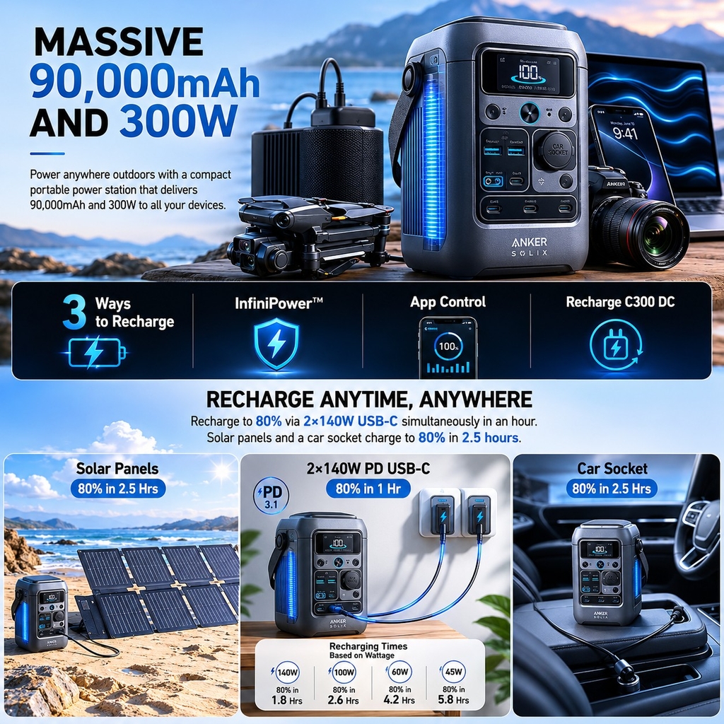 Trạm Sạc Di Động Anker SOLIX C300 DC 288Wh 300W 90.000mAh – Pin LiFePO4, PD 3.1 140W, Bluetooth & WiFi