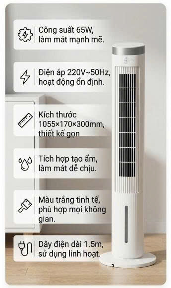Quạt Tháp Tạo Ẩm JIPIN JP-SLTS-05 – Làm Mát 3in1, Gió 3D, Bình Nước 6L, Êm Tiết Kiệm Điện
