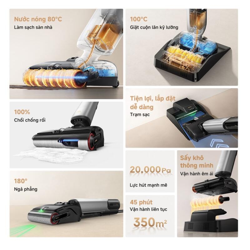 Máy Hút Bụi Lau Sàn MOVA X4 Pro 20000Pa Lau Nước Nóng 90°C Tự Giặt Sấy Con Lăn