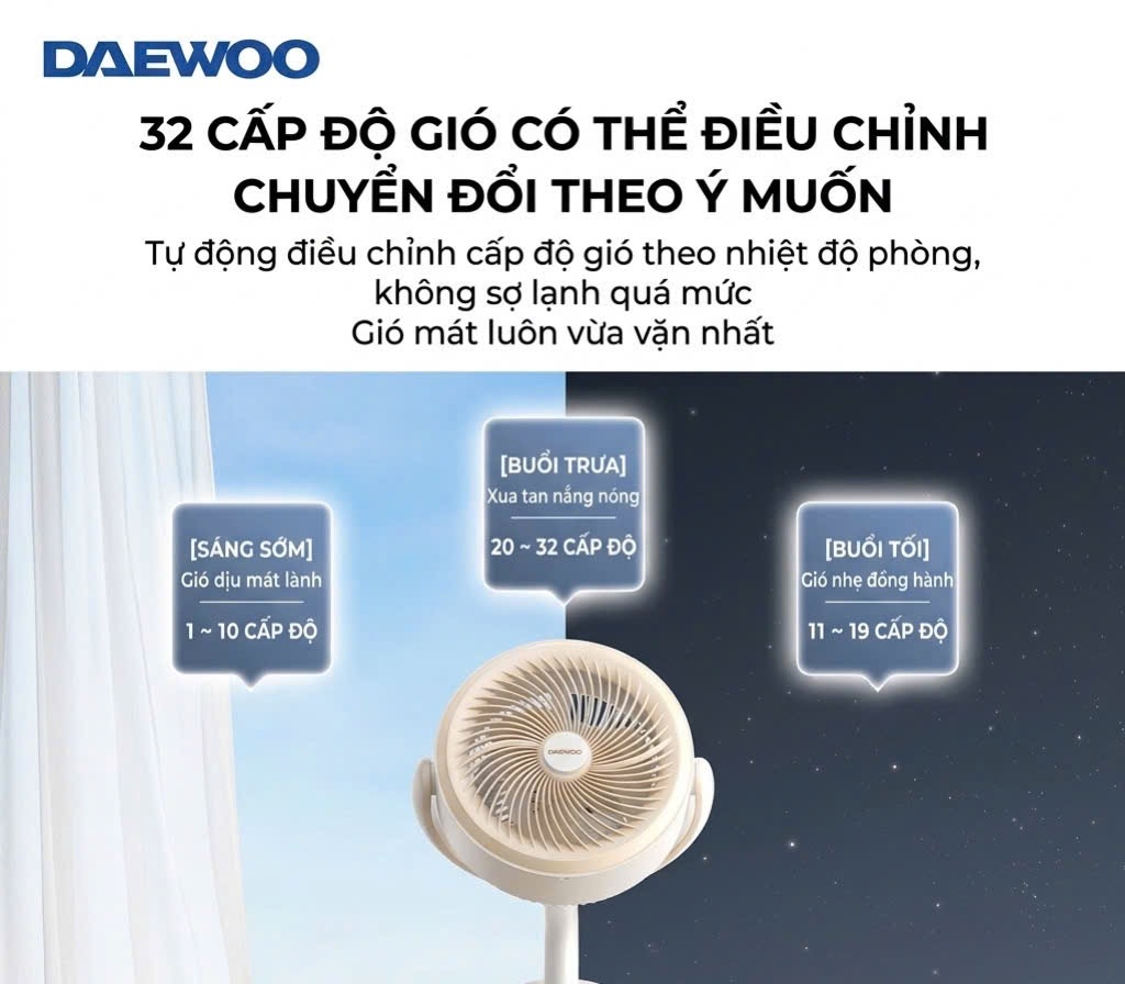 Quạt Tuần Hoàn Không Khí Daewoo AI Điều Khiển Giọng Nói 12 Cấp Gió Kiêm Đèn Ngủ