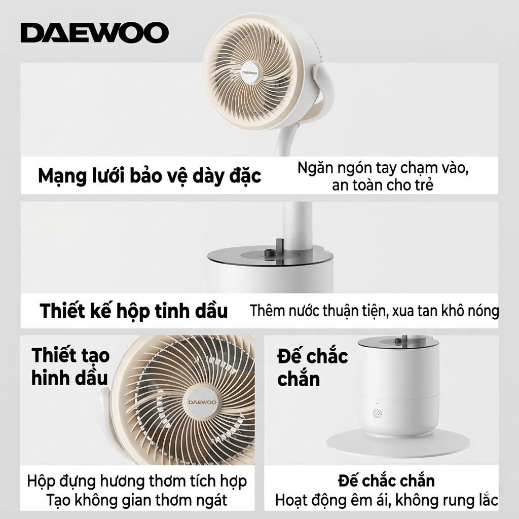 Quạt Tuần Hoàn Không Khí Daewoo AI Điều Khiển Giọng Nói 12 Cấp Gió Kiêm Đèn Ngủ