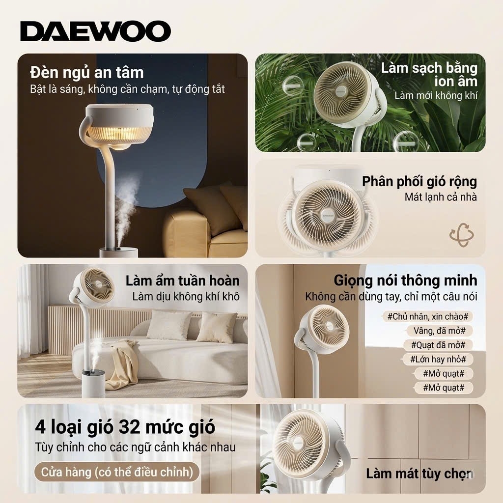 Quạt Tuần Hoàn Không Khí Daewoo AI Điều Khiển Giọng Nói 12 Cấp Gió Kiêm Đèn Ngủ