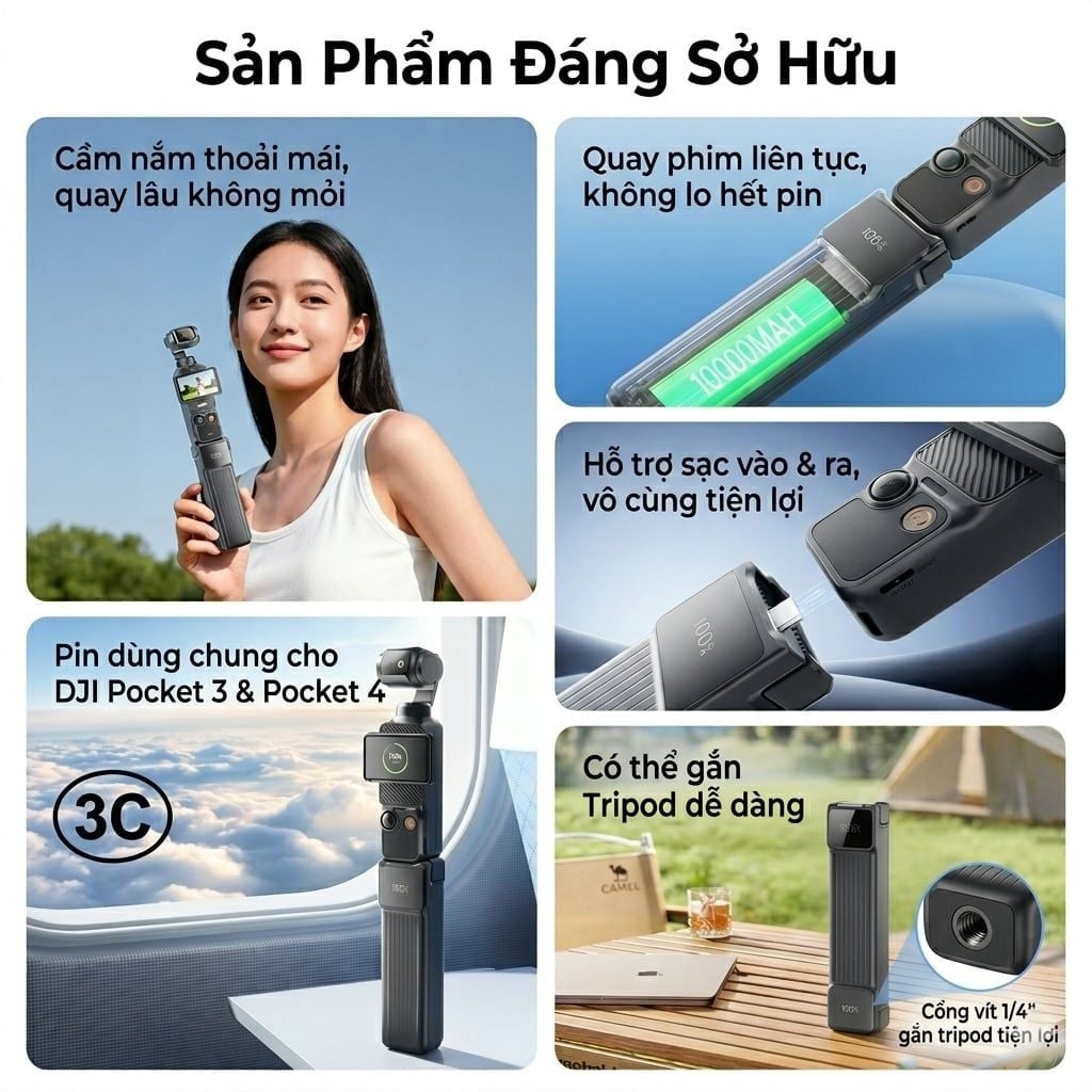Tay Cầm Pin NOHON 10.000mAh Cho DJI Pocket 3 / Pocket 4 – Sạc Nhanh 22.5W