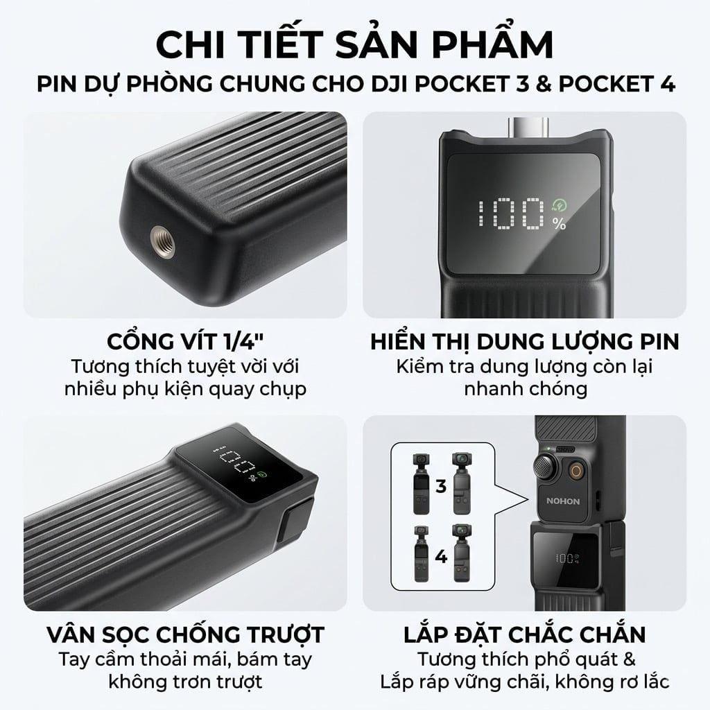 Tay Cầm Pin NOHON 10.000mAh Cho DJI Pocket 3 / Pocket 4 – Sạc Nhanh 22.5W