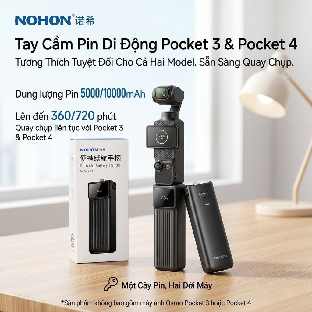 Tay Cầm Pin NOHON 10.000mAh Cho DJI Pocket 3 / Pocket 4 – Sạc Nhanh 22.5W