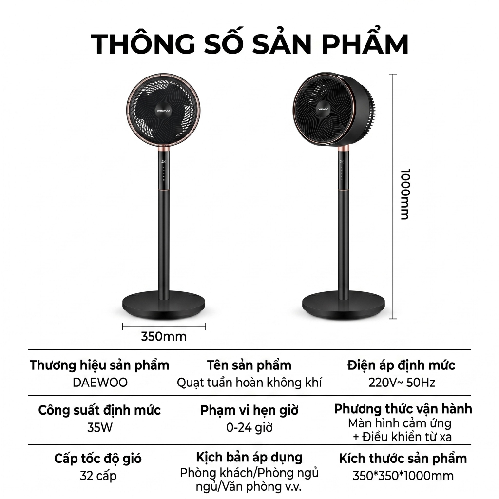 Quạt Cây Đối Lưu Daewoo DY-XF03 32 Cấp Gió Điều Khiển Từ Xa Động Cơ DC