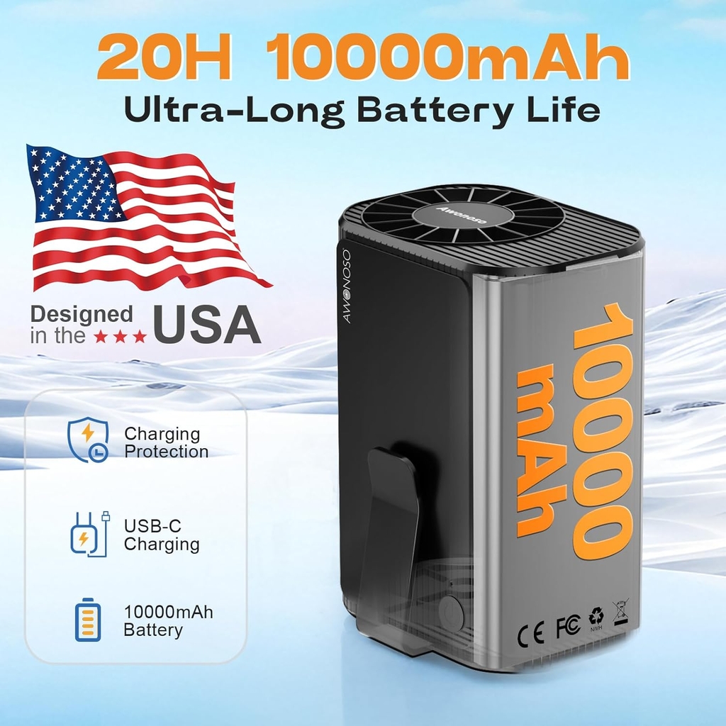 Quạt kẹp thắt lưng & đeo cổ đa năng AWONOSO, Pin 10000mAh (Amazon Mỹ)
