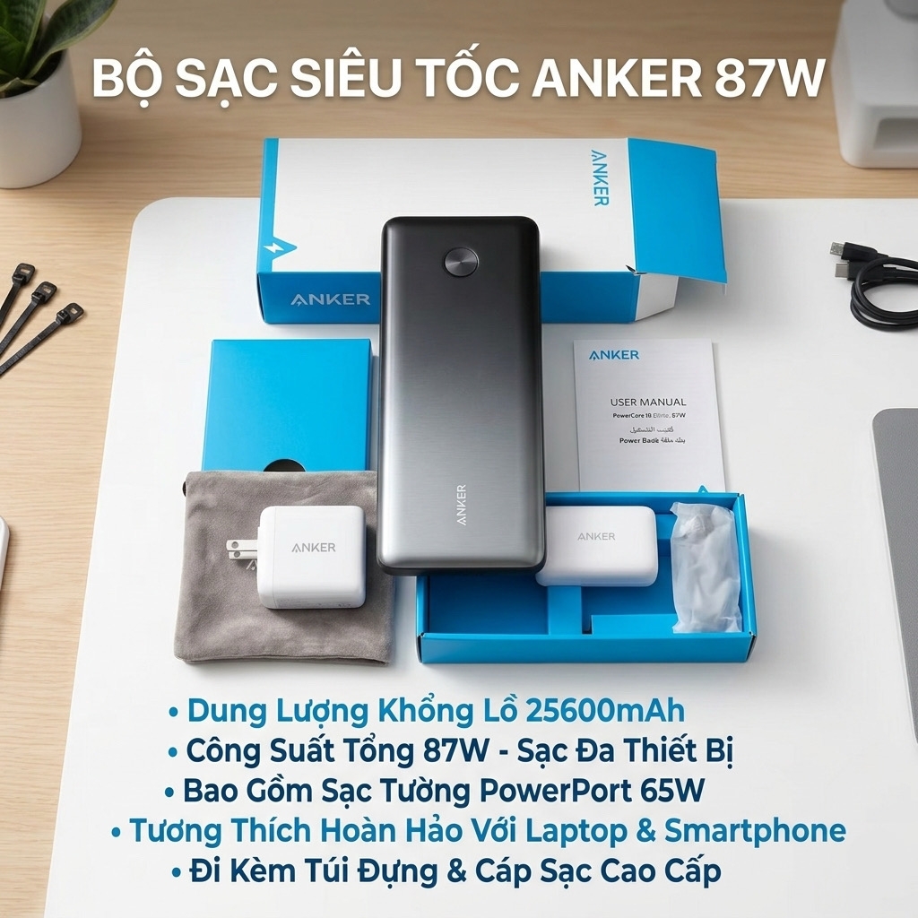 Pin dự phòng Anker 25600mAh A1291 sạc nhanh 87W - Kèm củ sạc cáp 65W