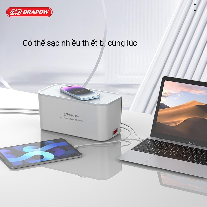 Ổ điện cao cấp Drapow SK26 5 ổ cắm 2500W, 1 cổng sạc Type C 20W, 1 cổng sạc QC 18W, 1 cổng USB-A 12W + sạc không dây