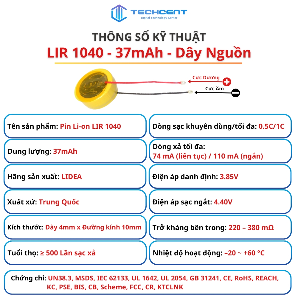 Pin Li-ion LIR 3.85V Có Dây (1040 1045 1054 1154)