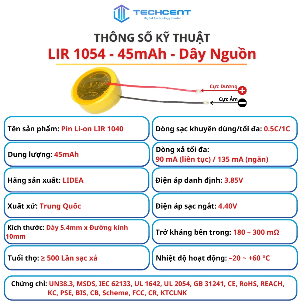 Pin Li-ion LIR 3.85V Có Dây (1040 1045 1054 1154)