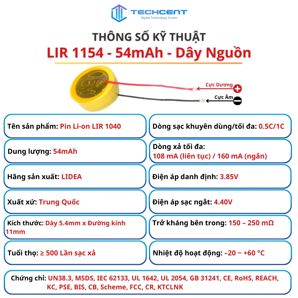 Pin Li-ion LIR 3.85V Có Dây (1040 1045 1054 1154)