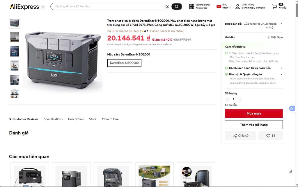 Trạm điện di động DaranEner NEO2000 - 2073,6Wh, Công suất 2000W, Sạc đầy 1,8 giờ