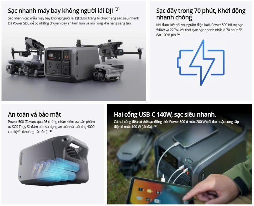Trạm điện di động 220V DJI Power 500, Công suất 1000W, Pin LFP (LiFePO4) 512Wh, Sạc nhanh 70 phút