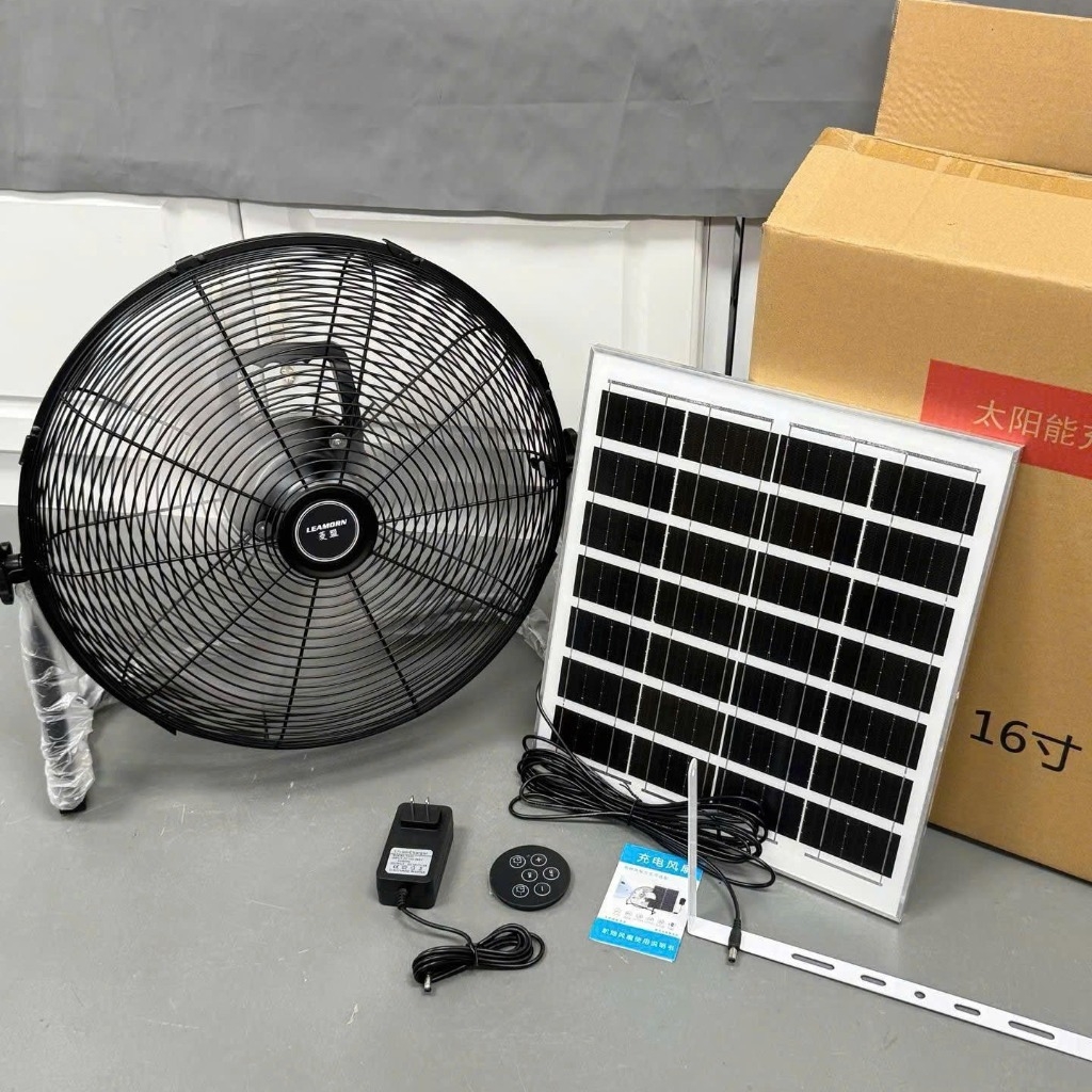 Quạt Tích Điện Năng Lượng Mặt Trời Leamorn – Pin Lớn, Gió Mạnh, Kèm Panel NLMT, Dùng Khi Mất Điện