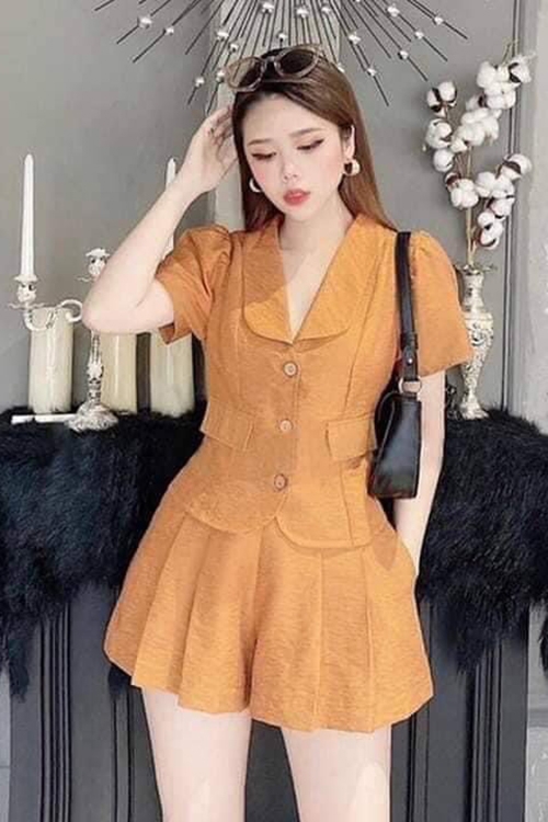 Đầm cổ phủ vai chân xòe 8 mảnh Xanh cỏ vịt  size M