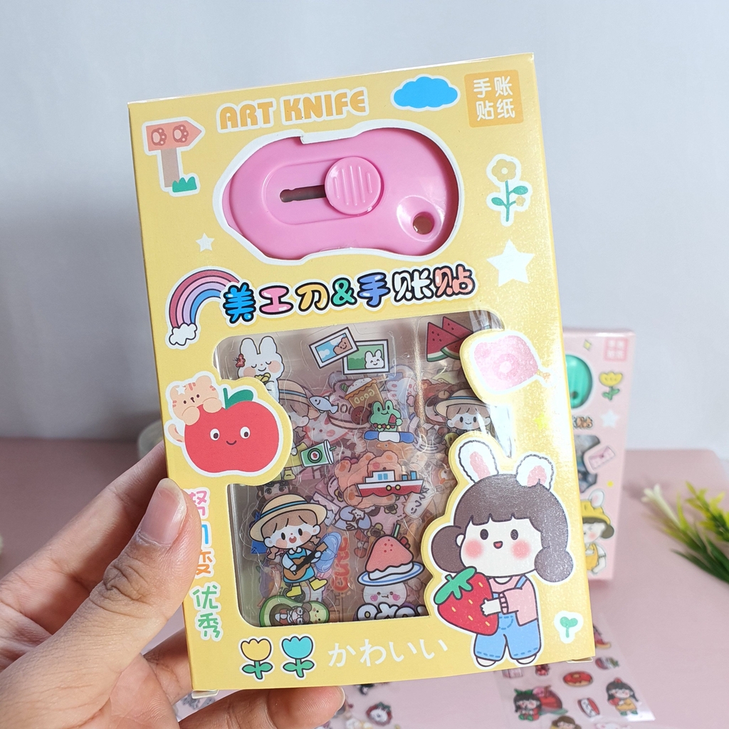 Hộp sticker dễ thương 8 miếng tặng kèm dao rọc giấy mini