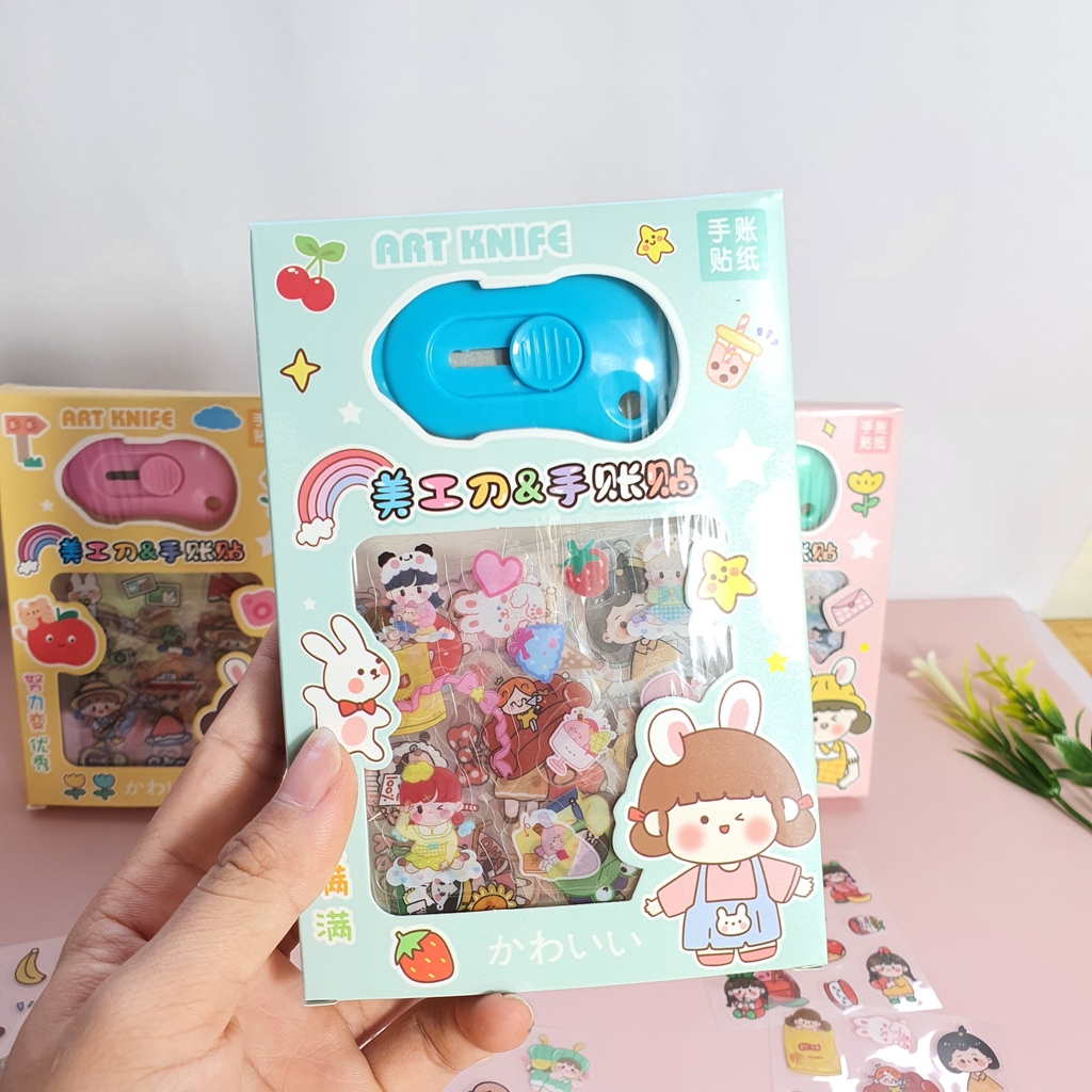 Hộp sticker dễ thương 8 miếng tặng kèm dao rọc giấy mini